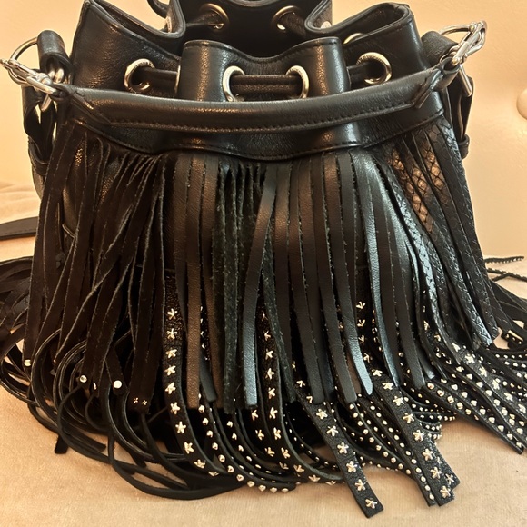 Saint Laurent Emmanuelle Small Black Leather Star Studded Fringe Bucket Bag
